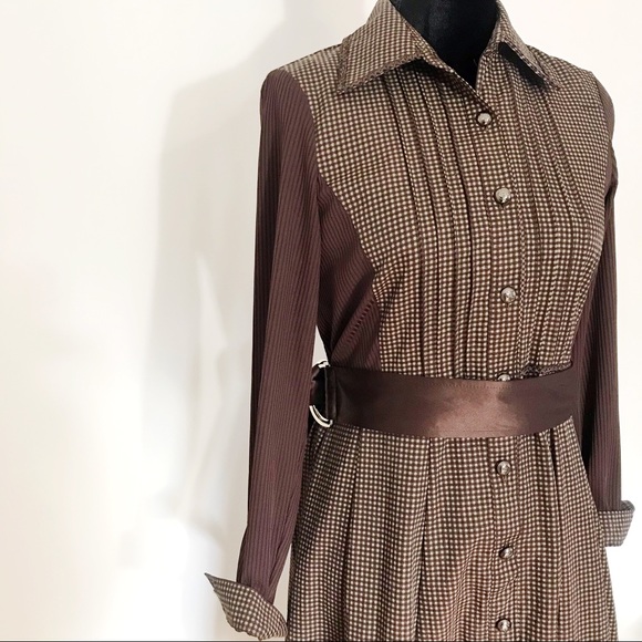 VINTAGE BROWN DRESS WITH BELTED A LINE DRESS 9 L - Picture 4 of 6